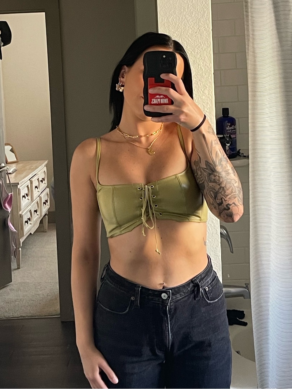 Olive Lace-Up Bustier Crop Top with Thin Straps